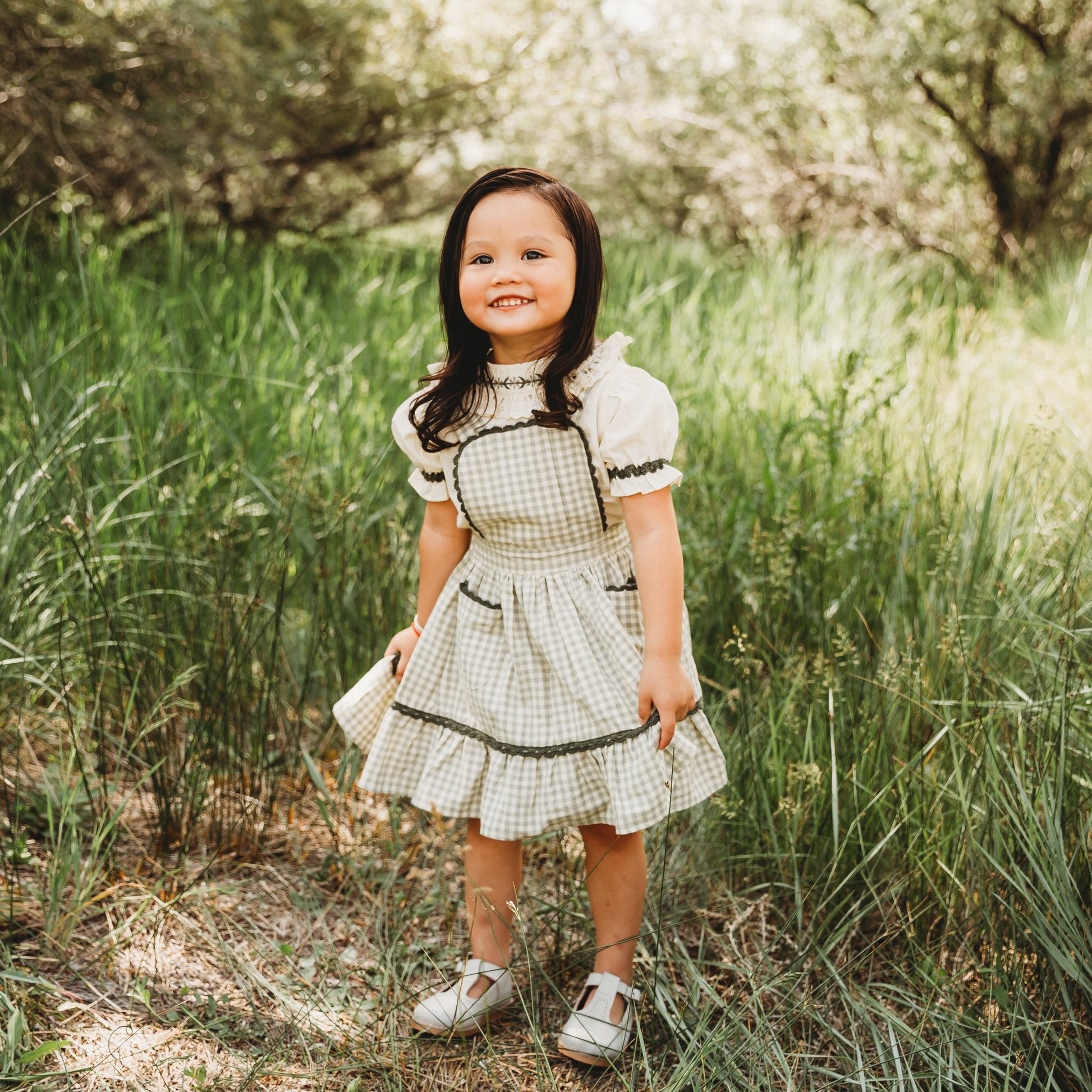 Green Gingham Pinafore Set | Girls' Embroidered Blouse & Dress