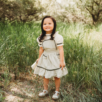 Green Gingham Pinafore Set | Girls' Embroidered Blouse & Dress