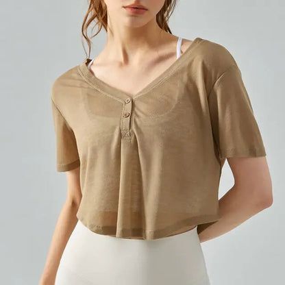 V-Neck Long Sleeve Yoga Top Sports Shirt Khaki Brown Large