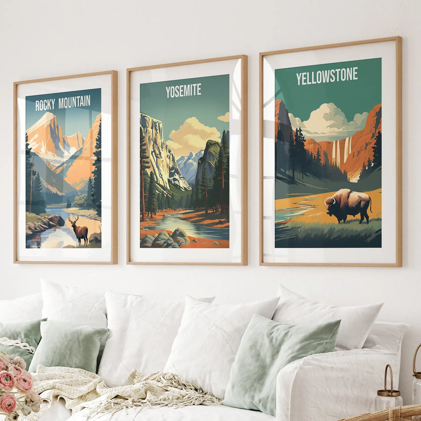 Rocky Mountain, Yosemite, Yellowstone. National Park Wall Art Thin Wood Frame - w mat
