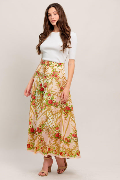 PALACE ROSE STATEMENT WOVEN CIRCLE MIDI SKIRT