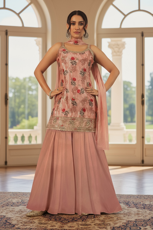 Chiffon silk (dishen) sharara suit