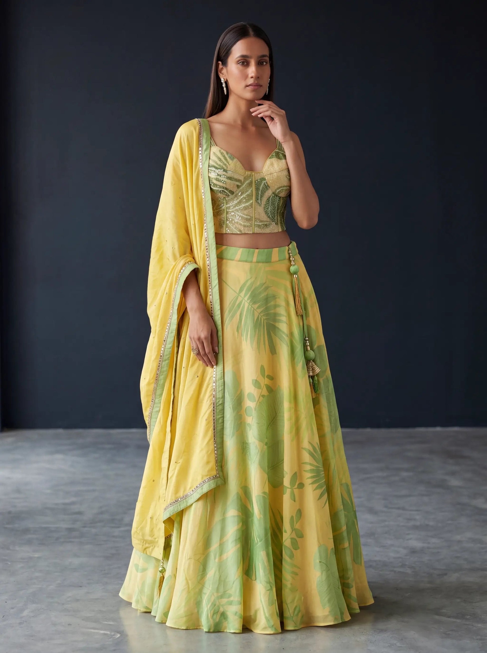 Tropical Yellow Corset Lehenga Set – A Blend of Elegance & Modern Glam