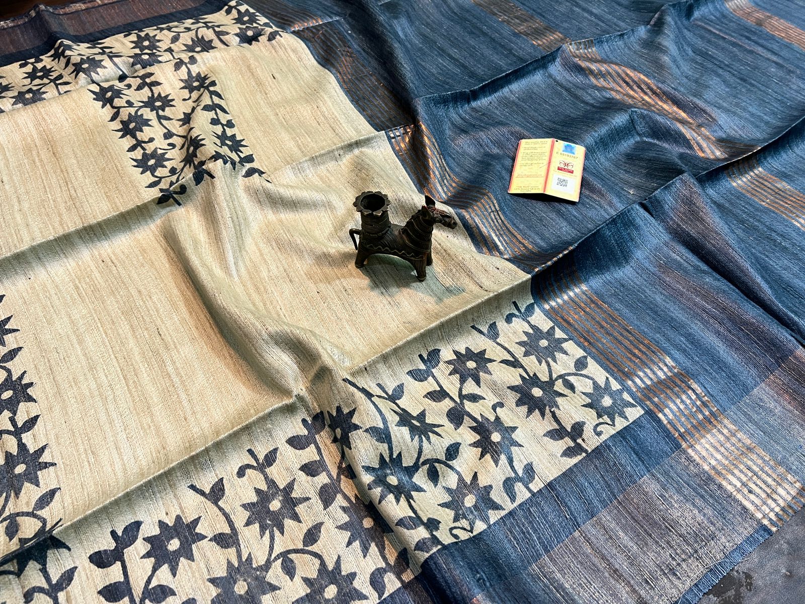 Handwoven Pure Tussar Ghicha Silk Saree – Ivory & Indigo with Floral Block Prints