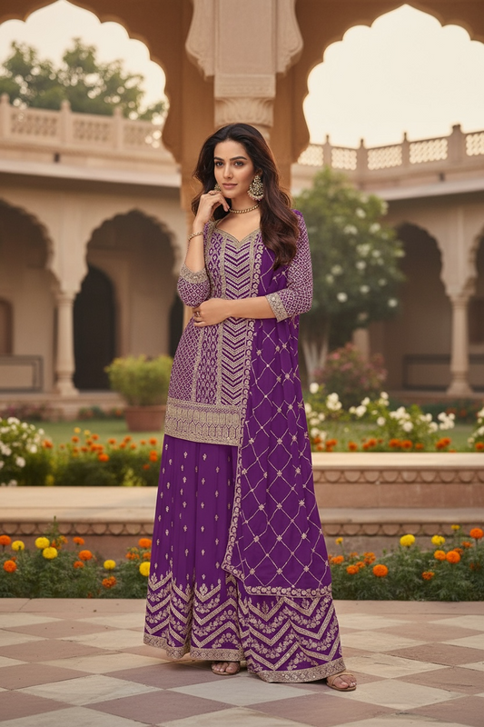 Chinon silk sharara suit : Purple