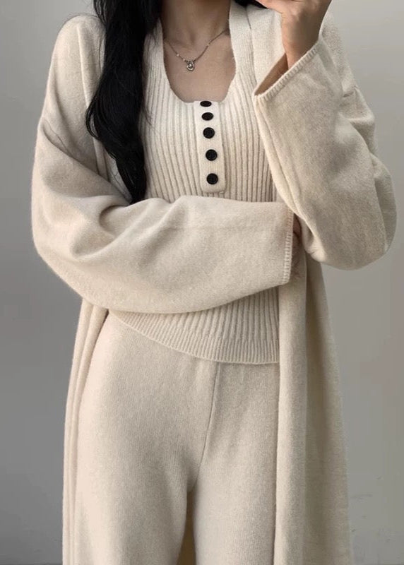 Buttons Casual Knitted Long Cardigan&Camisole&Pants 3 Pieces Suit White