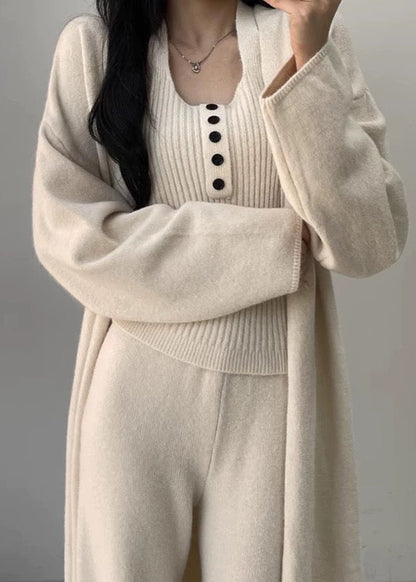 Buttons Casual Knitted Long Cardigan&Camisole&Pants 3 Pieces Suit White