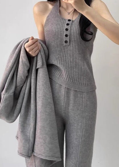 Buttons Casual Knitted Long Cardigan&Camisole&Pants 3 Pieces Suit Gray