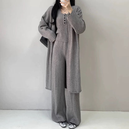 Buttons Casual Knitted Long Cardigan&Camisole&Pants 3 Pieces Suit