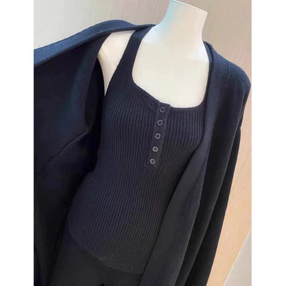 Buttons Casual Knitted Long Cardigan&Camisole&Pants 3 Pieces Suit Navy
