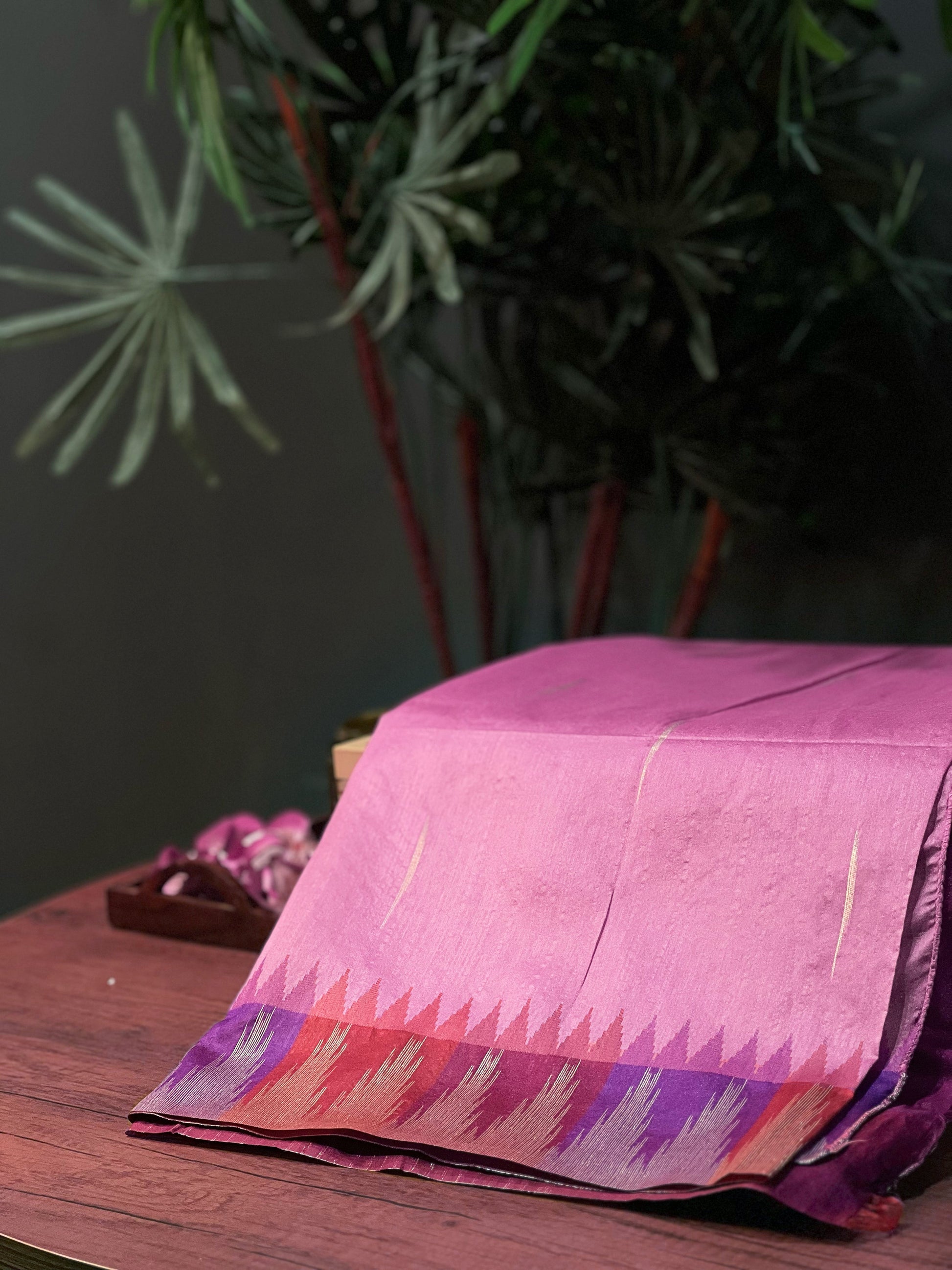 Pink Premium Semi Tussar Silk Saree with Violet-Red Temple Border