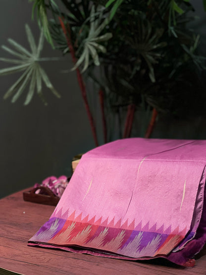 Pink Premium Semi Tussar Silk Saree with Violet-Red Temple Border