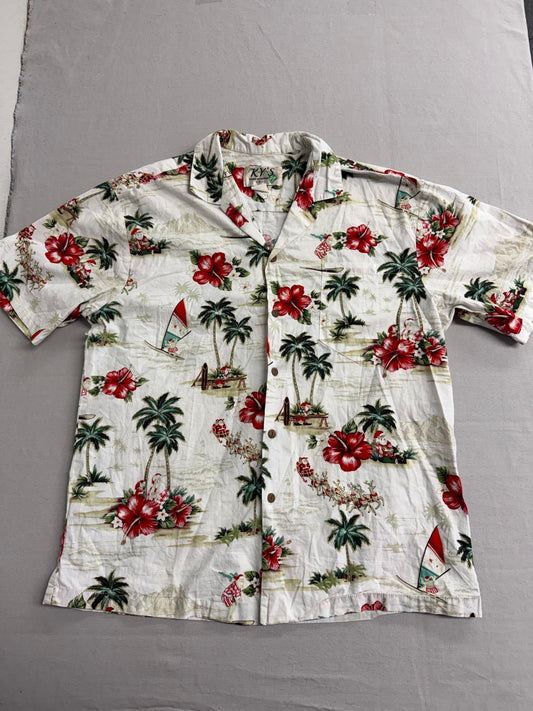 Ky's Men Hawaiian Shirt Surfing Santa Made in Hawaii Shirt L