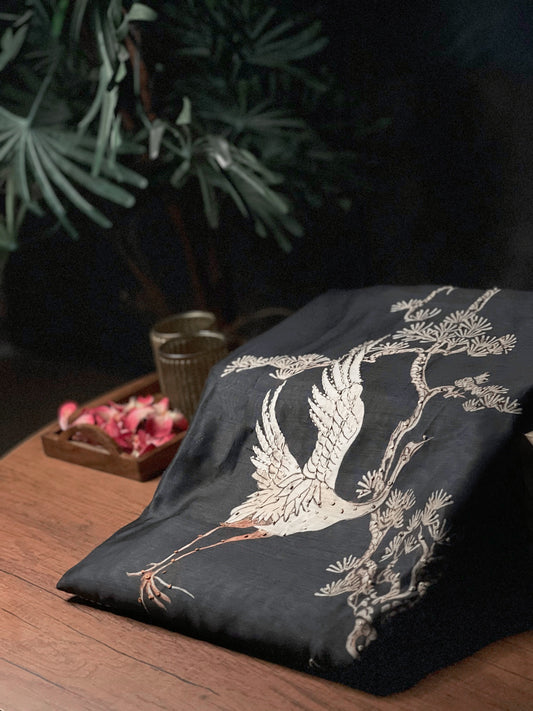 Black Chanderi Silk Saree with Kantha Embroidery of Cranes & Tree Motif