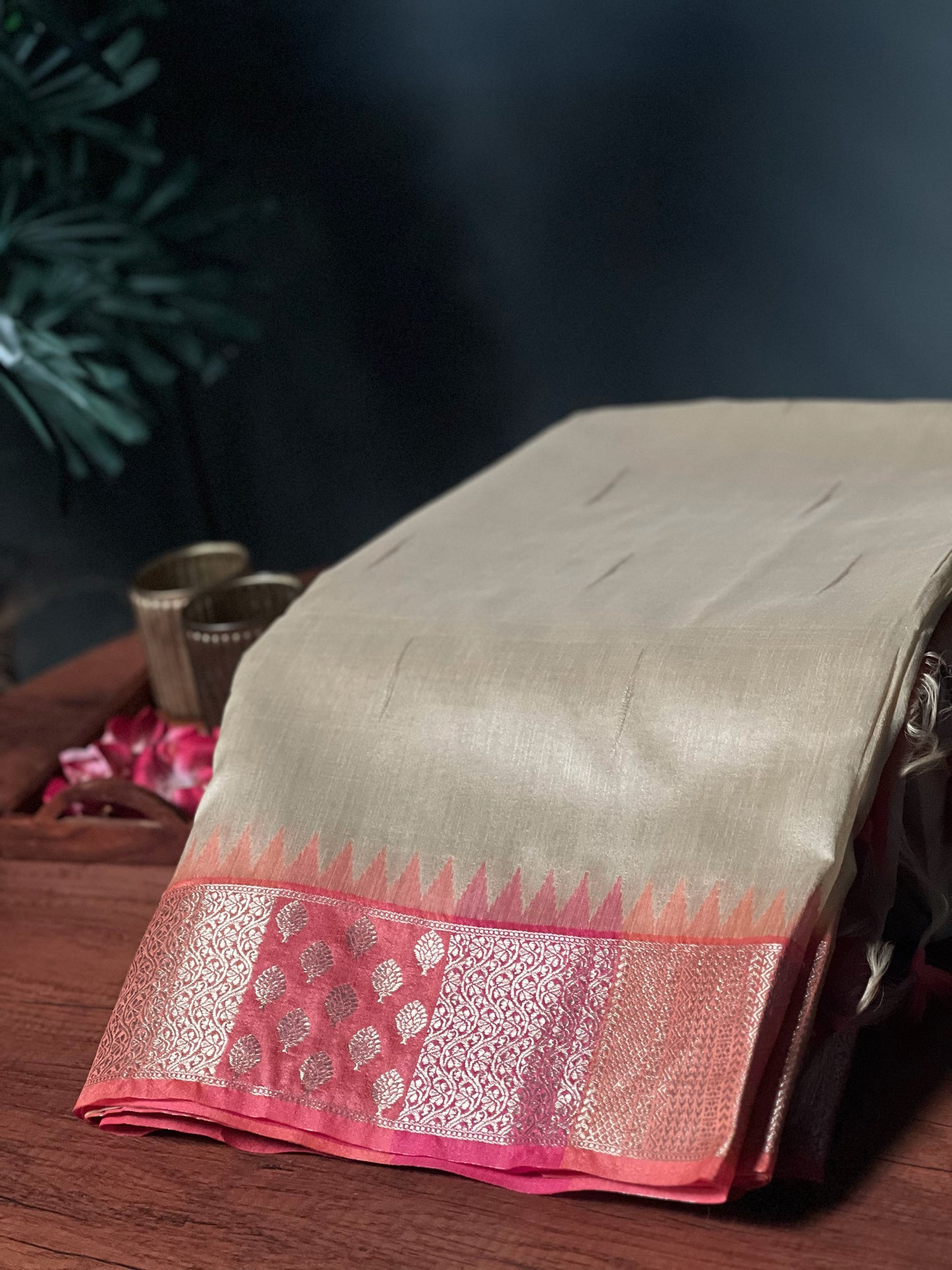 Beige Gold Premium Semi Tussar Silk Saree with Pink Zari Border