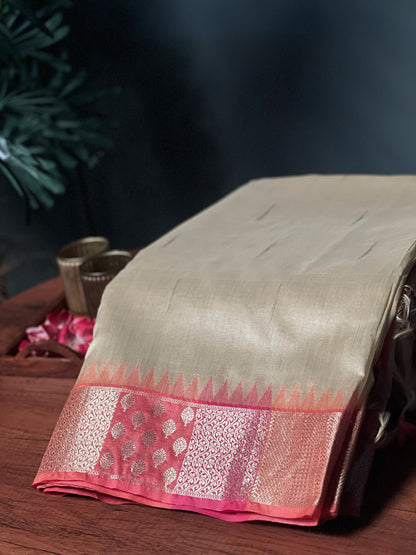 Beige Gold Premium Semi Tussar Silk Saree with Pink Zari Border