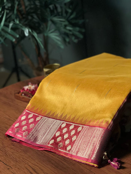 Mustard Yellow Premium Semi Tussar Silk Saree with Purple-Pink Border