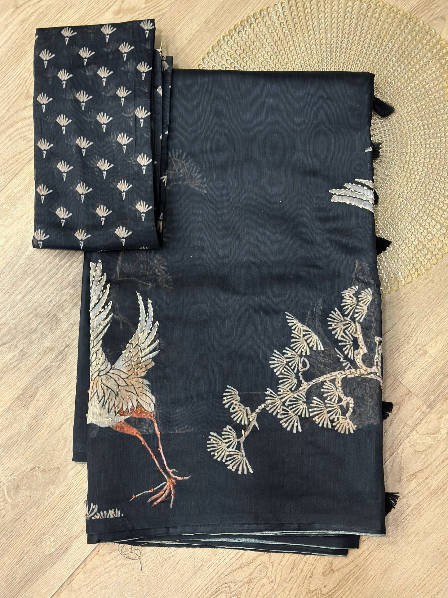 Black Chanderi Silk Saree with Kantha Embroidery of Cranes & Tree Motif