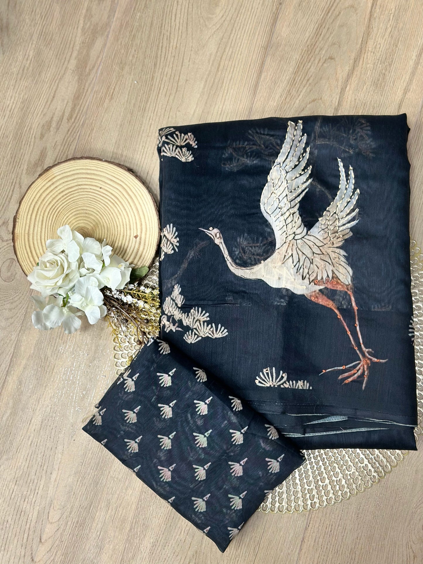 Black Chanderi Silk Saree with Kantha Embroidery of Cranes & Tree Motif