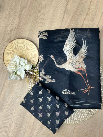 Black Chanderi Silk Saree with Kantha Embroidery of Cranes & Tree Motif
