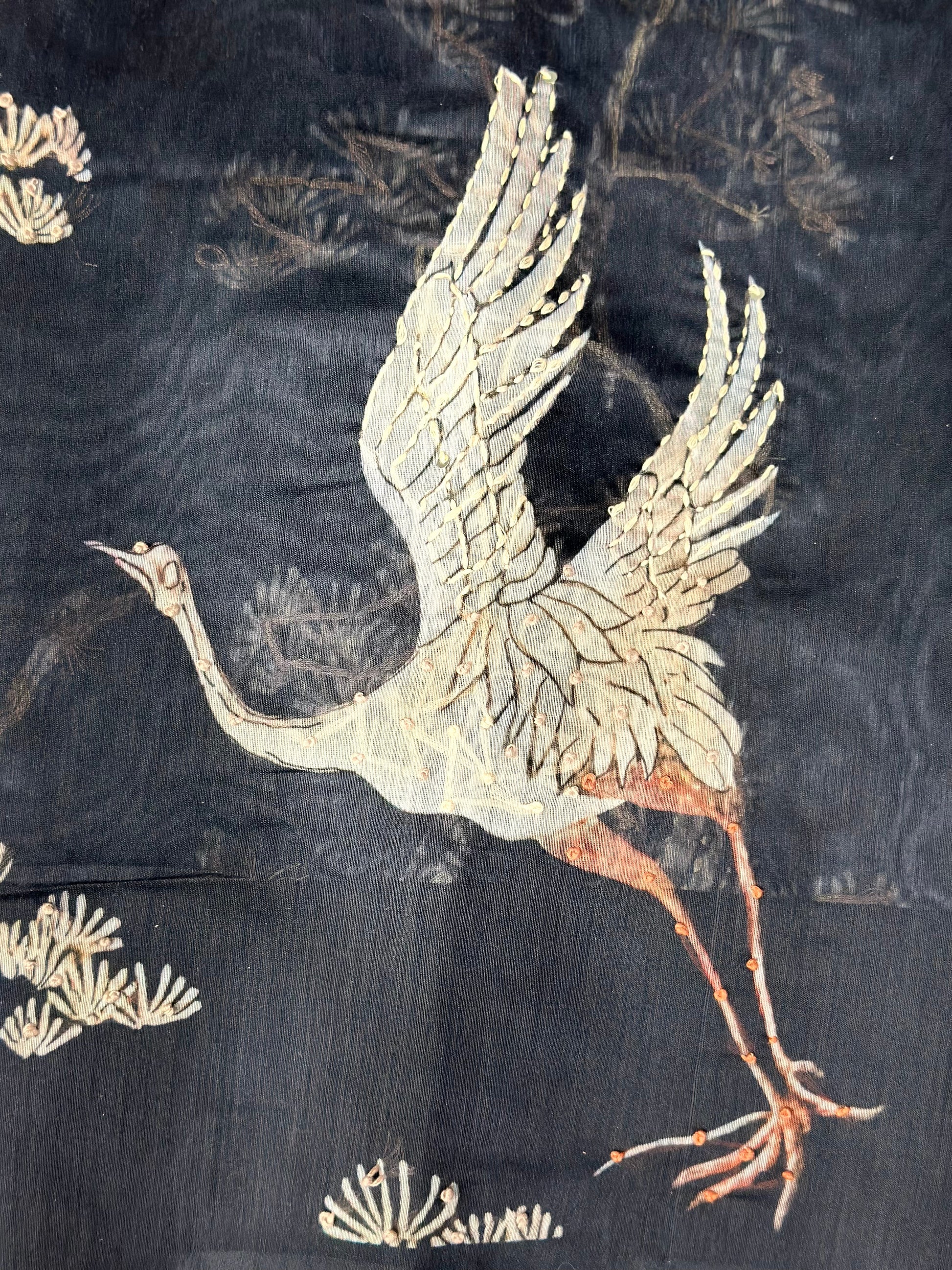 Black Chanderi Silk Saree with Kantha Embroidery of Cranes & Tree Motif