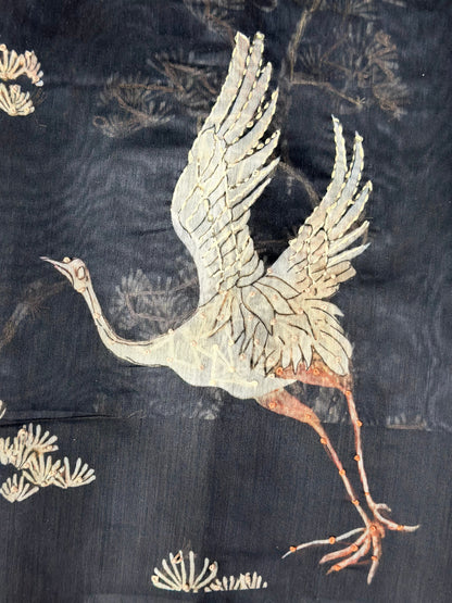 Black Chanderi Silk Saree with Kantha Embroidery of Cranes & Tree Motif