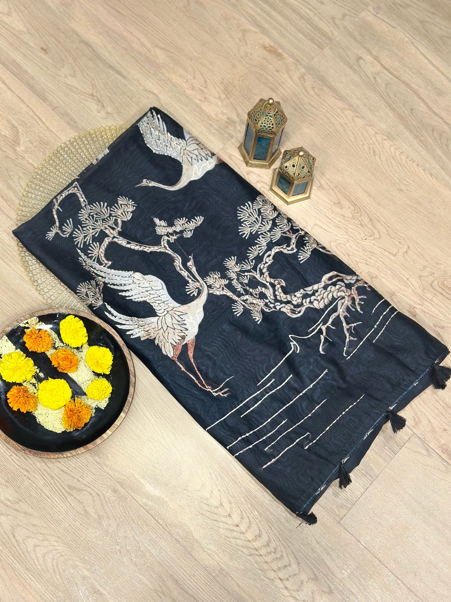 Black Chanderi Silk Saree with Kantha Embroidery of Cranes & Tree Motif