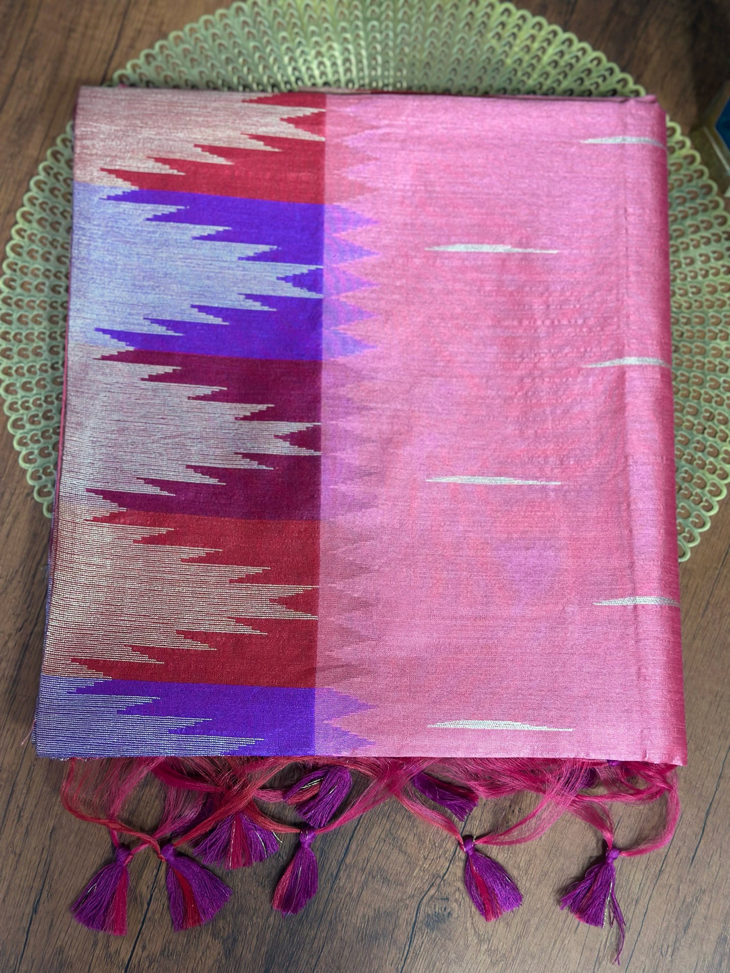 Pink Premium Semi Tussar Silk Saree with Violet-Red Temple Border