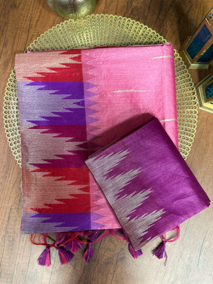 Pink Premium Semi Tussar Silk Saree with Violet-Red Temple Border