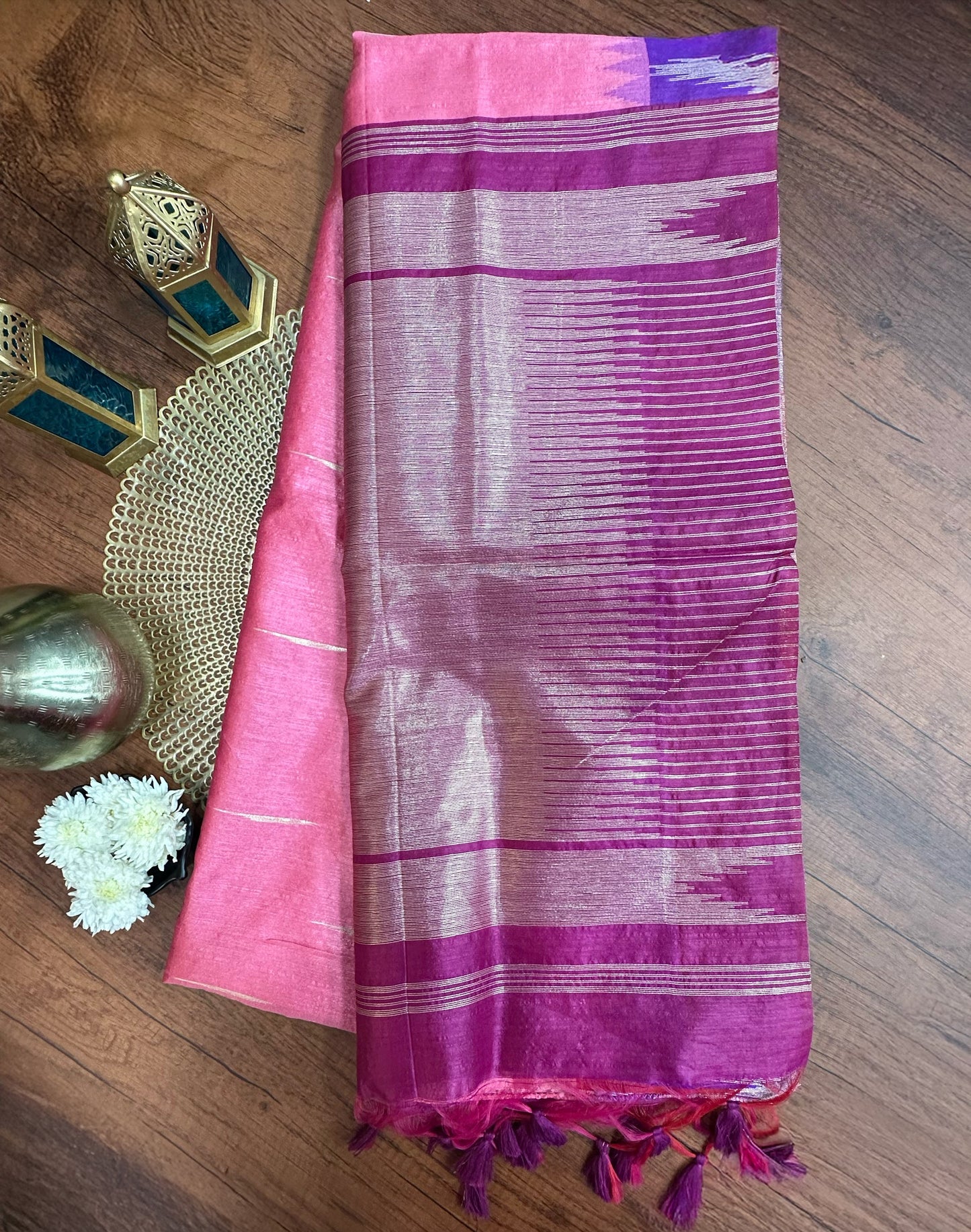 Pink Premium Semi Tussar Silk Saree with Violet-Red Temple Border