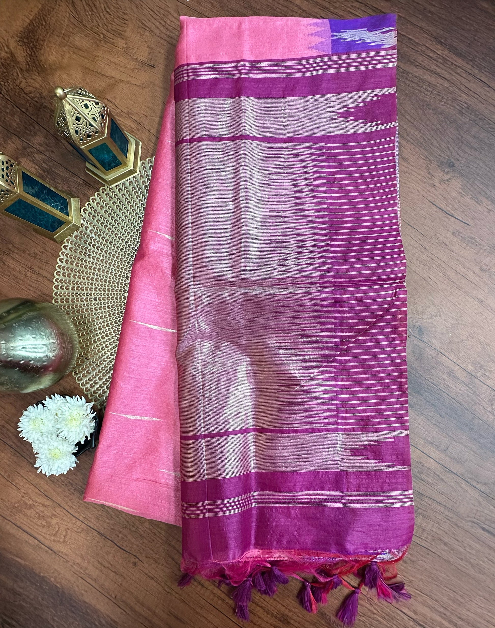 Pink Premium Semi Tussar Silk Saree with Violet-Red Temple Border