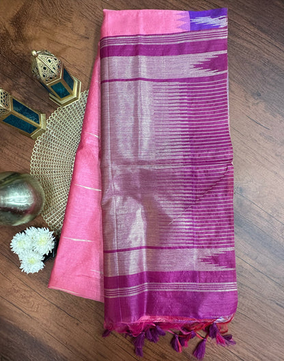 Pink Premium Semi Tussar Silk Saree with Violet-Red Temple Border