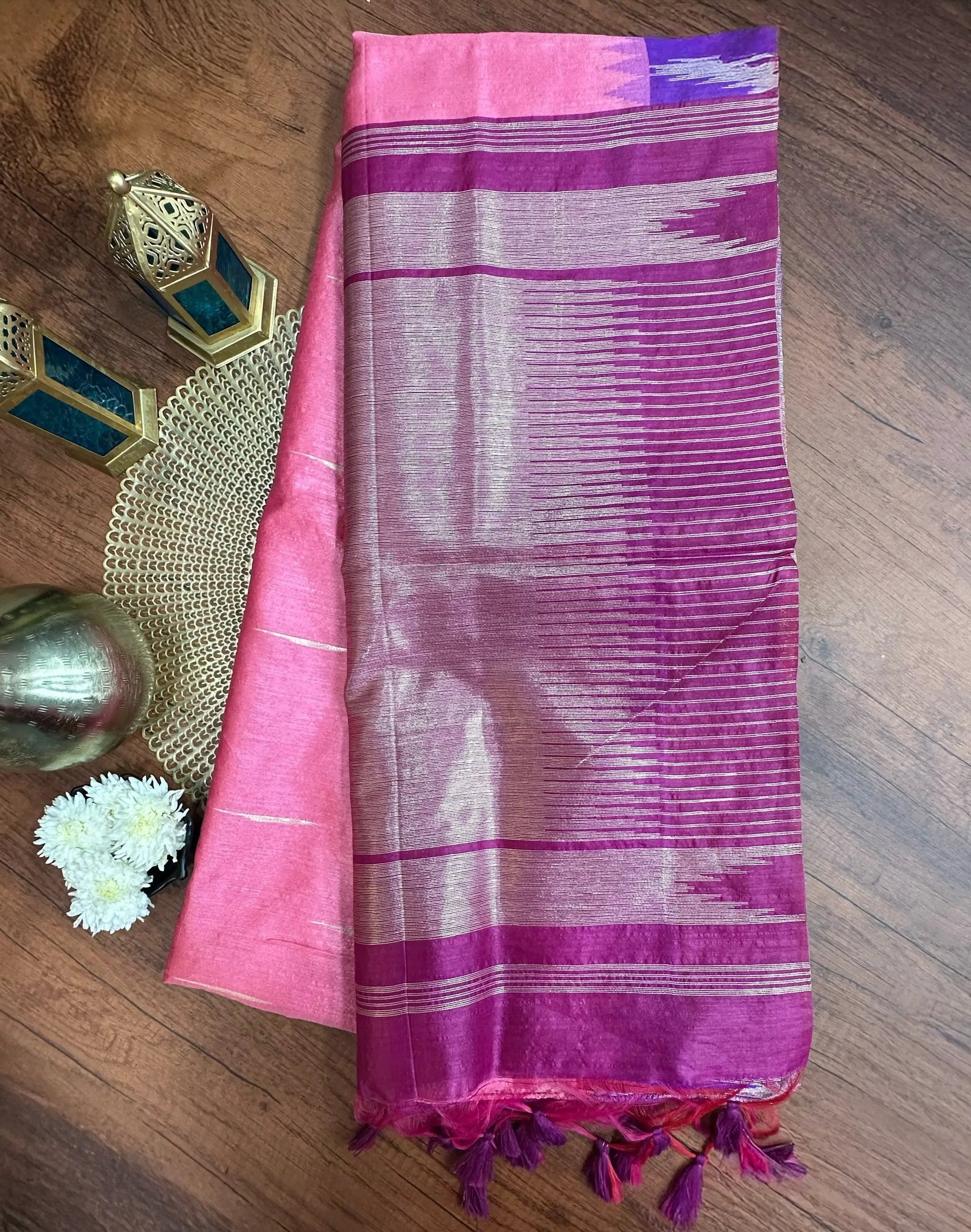 Pink Premium Semi Tussar Silk Saree with Violet-Red Temple Border