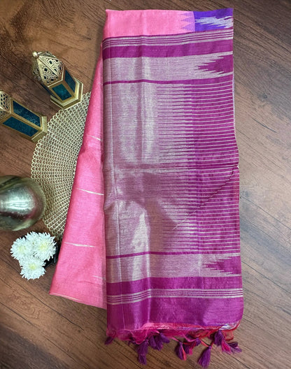 Pink Premium Semi Tussar Silk Saree with Violet-Red Temple Border