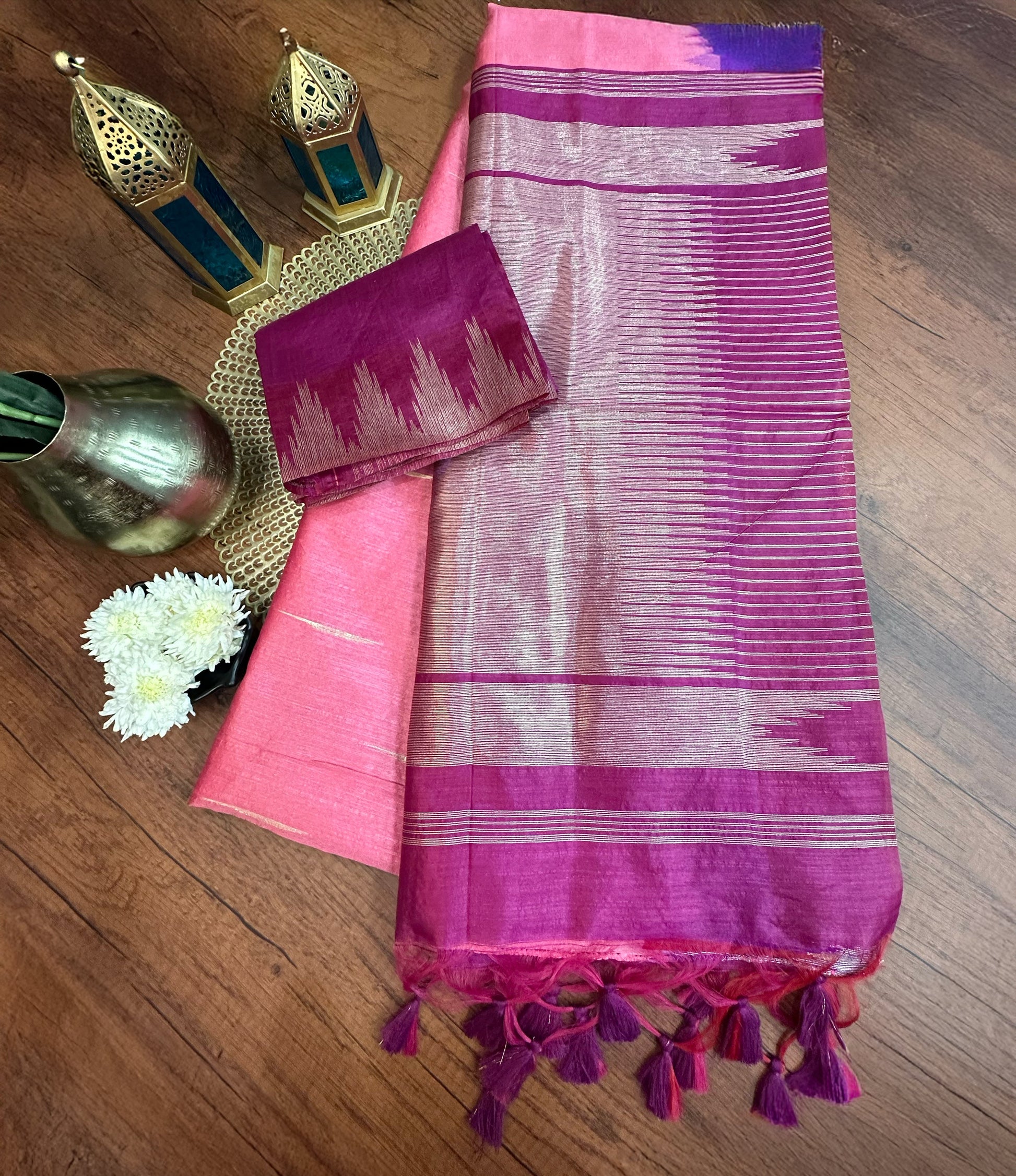 Pink Premium Semi Tussar Silk Saree with Violet-Red Temple Border