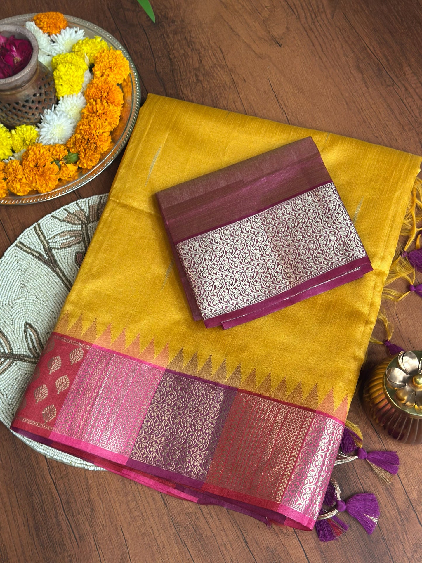 Mustard Yellow Premium Semi Tussar Silk Saree with Purple-Pink Border