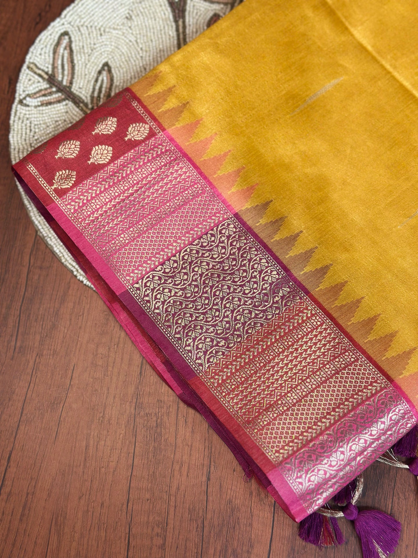 Mustard Yellow Premium Semi Tussar Silk Saree with Purple-Pink Border