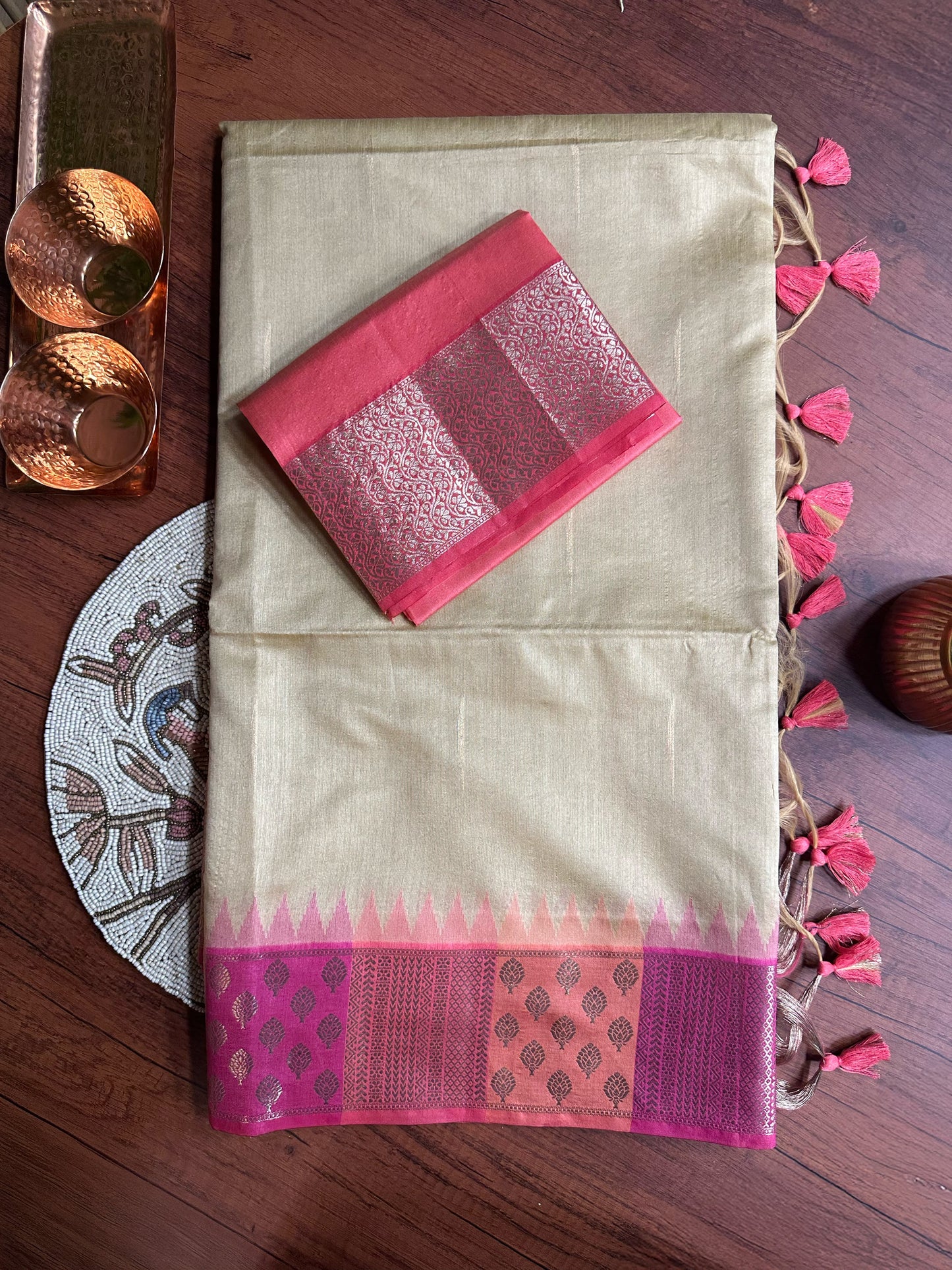 Beige Gold Premium Semi Tussar Silk Saree with Pink Zari Border