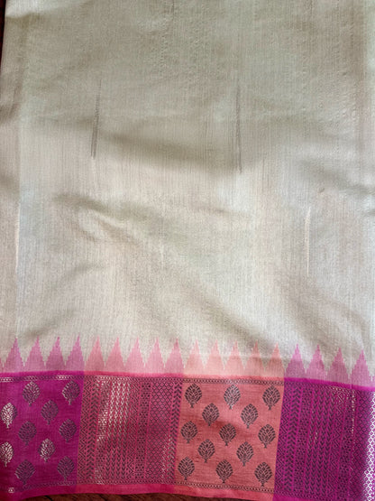 Beige Gold Premium Semi Tussar Silk Saree with Pink Zari Border