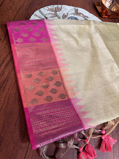 Beige Gold Premium Semi Tussar Silk Saree with Pink Zari Border