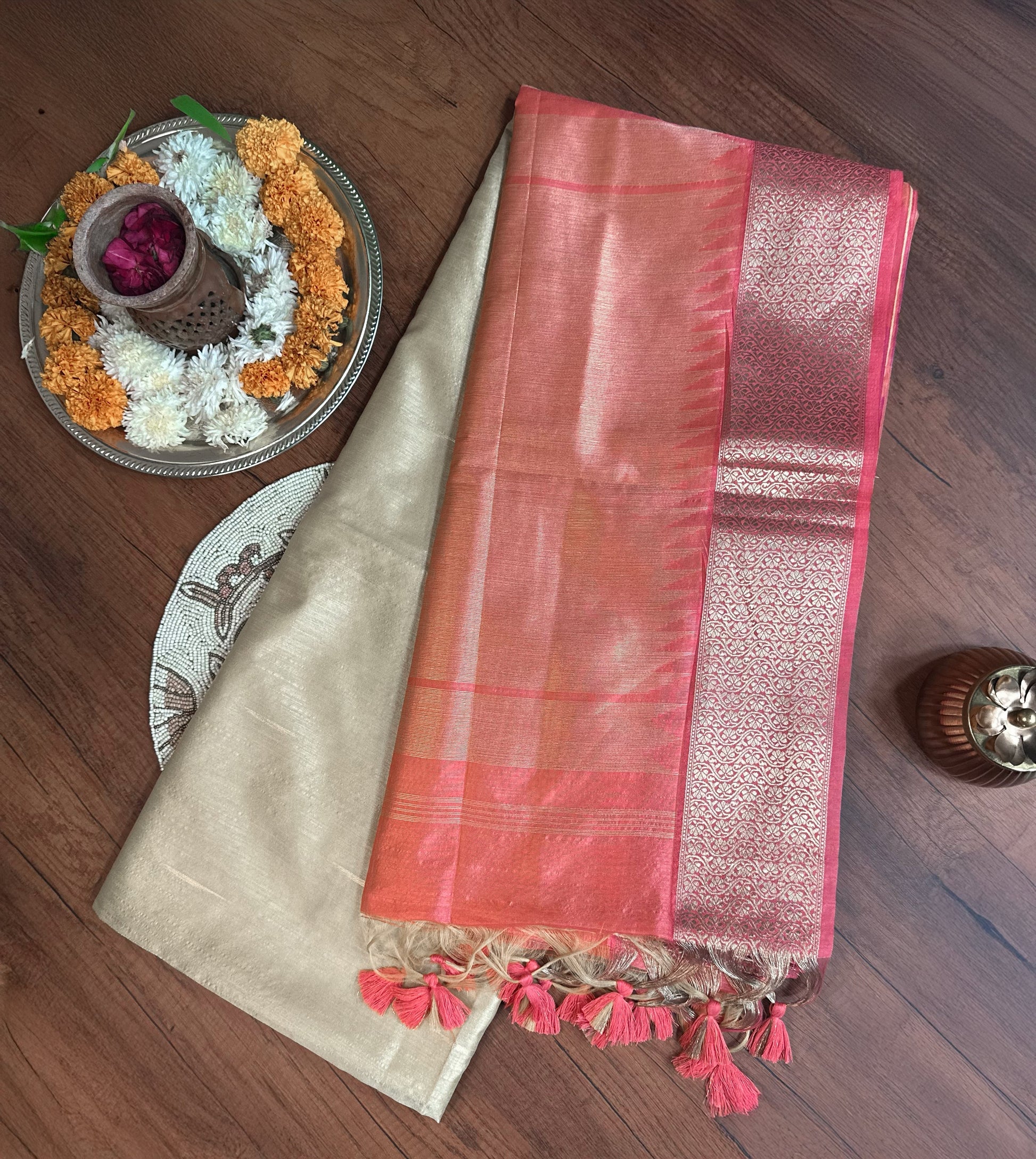 Beige Gold Premium Semi Tussar Silk Saree with Pink Zari Border