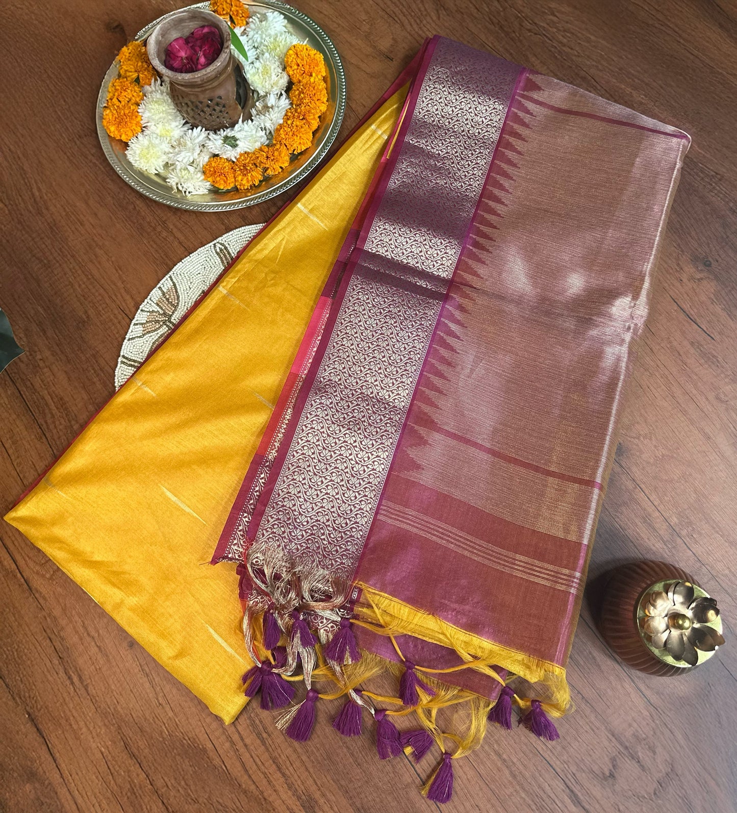 Mustard Yellow Premium Semi Tussar Silk Saree with Purple-Pink Border