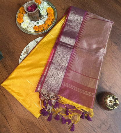 Mustard Yellow Premium Semi Tussar Silk Saree with Purple-Pink Border