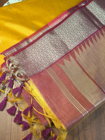 Mustard Yellow Premium Semi Tussar Silk Saree with Purple-Pink Border