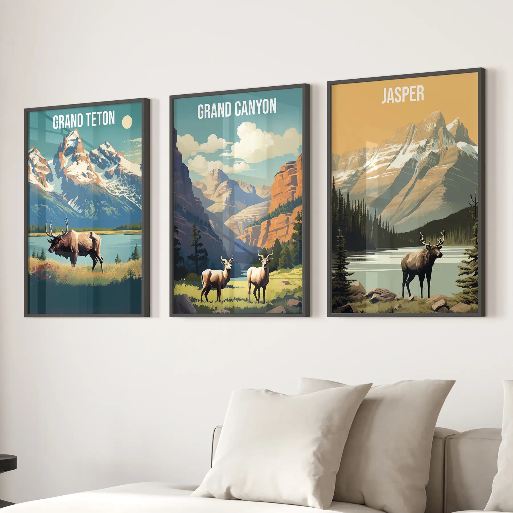 Grand Canyon, Jasper, Grand Teton. National Park Wall Art Black Frame - no mat
