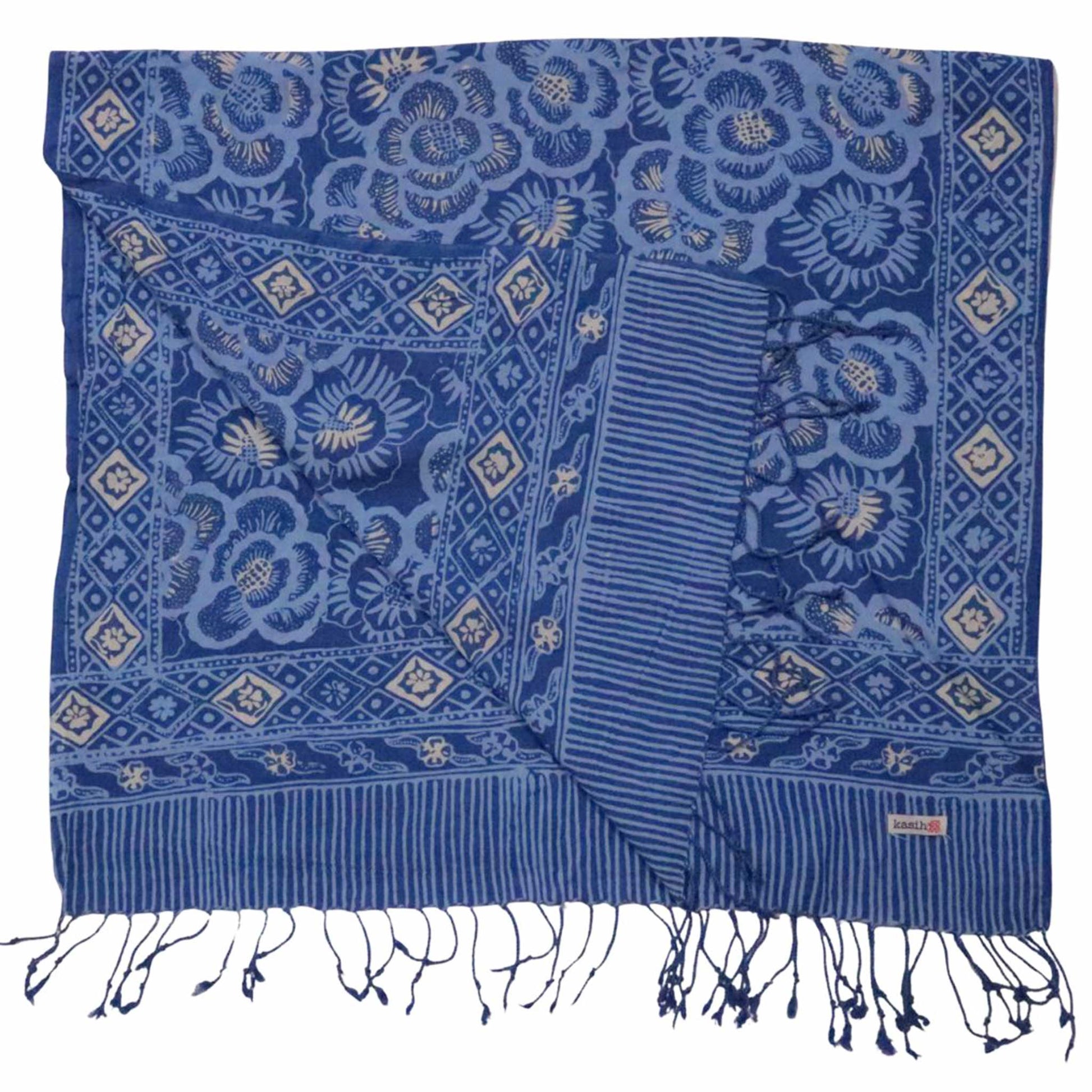 Hand Dyed Batik Scarf - Soft Cotton, Blue Roses, White, Floral, Flower