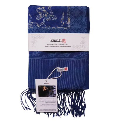 Handmade Batik Scarf, Blue White, Cotton Fabric, Butterfly