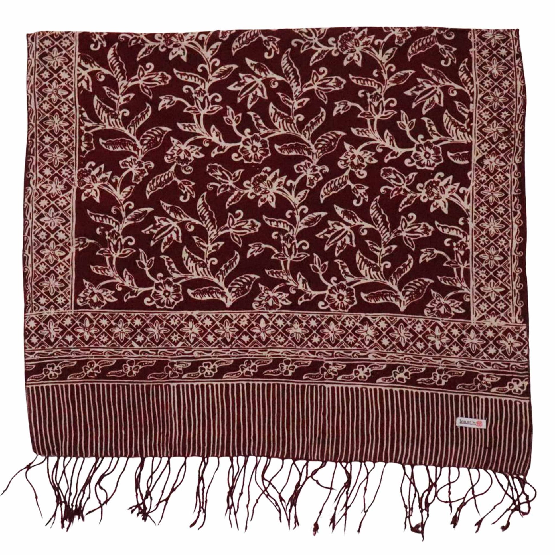 Handmade Batik Scarf, soft Cotton, Red White Cherish, Burgundy