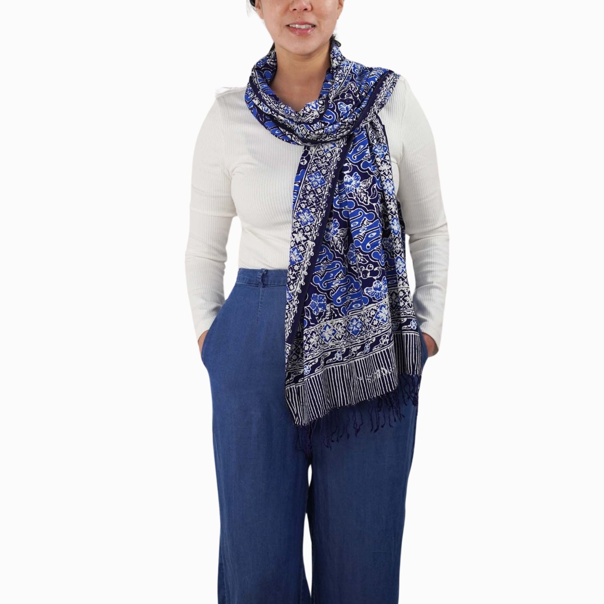 Handmade Batik Scarf, Soft Cotton, Midnight Autumn, Blue Black Navy, White