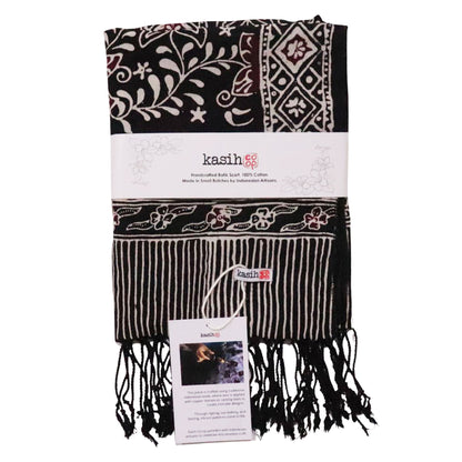 Hand Dyed Batik Scarf, 100% Cotton Fabric, Black Red Floral Star